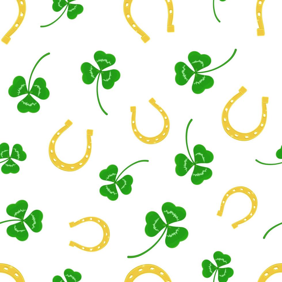 Golden horseshoe and three leaf clover seamless pattern vector