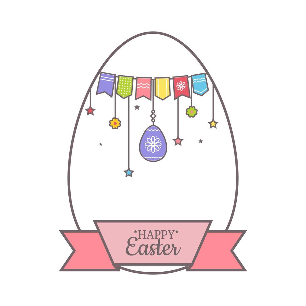 Easter Greeting card in shape of egg wishing Happy Easter. Colorful Easter eggs outline hanging on rope. Bunting flags. Festive decoration, abstraction, lettering vector