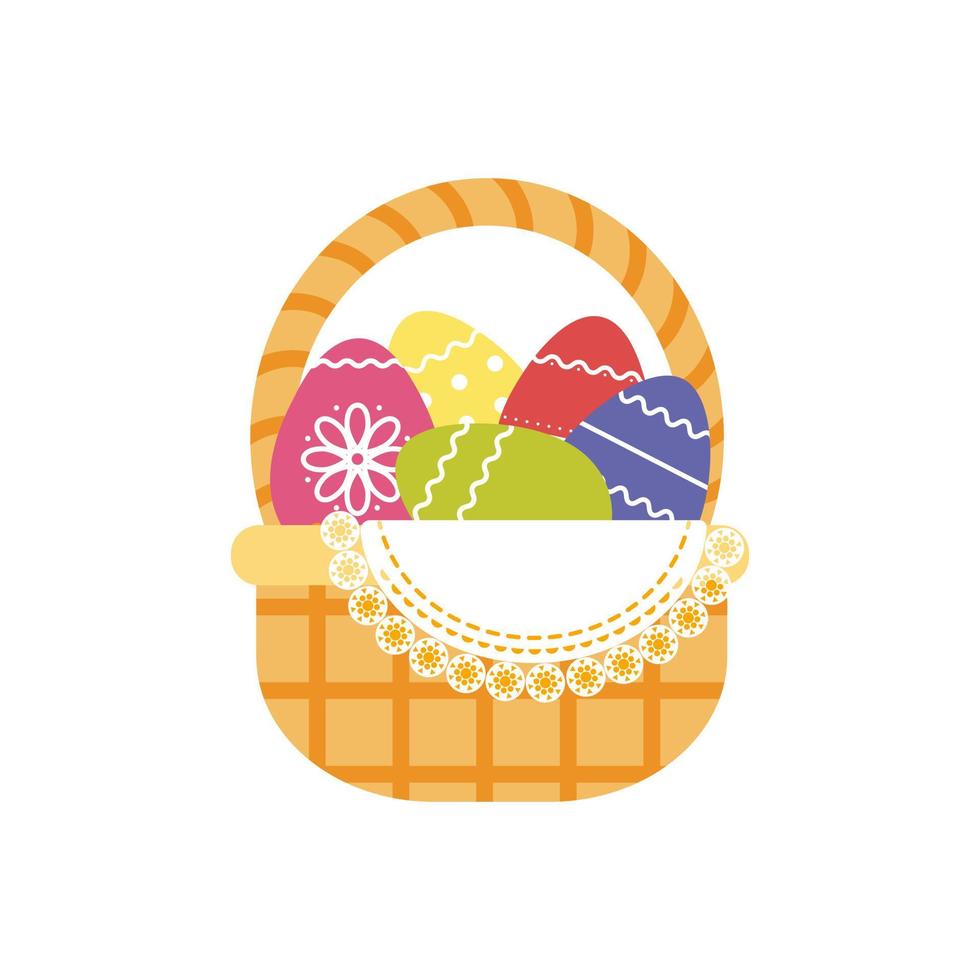cesta de mimbre con coloridos huevos de pascua y hermosa servilleta. linda ilustración para tarjetas de felicitación, textiles, impresión para pascua. colores pastel copie el espacio vector