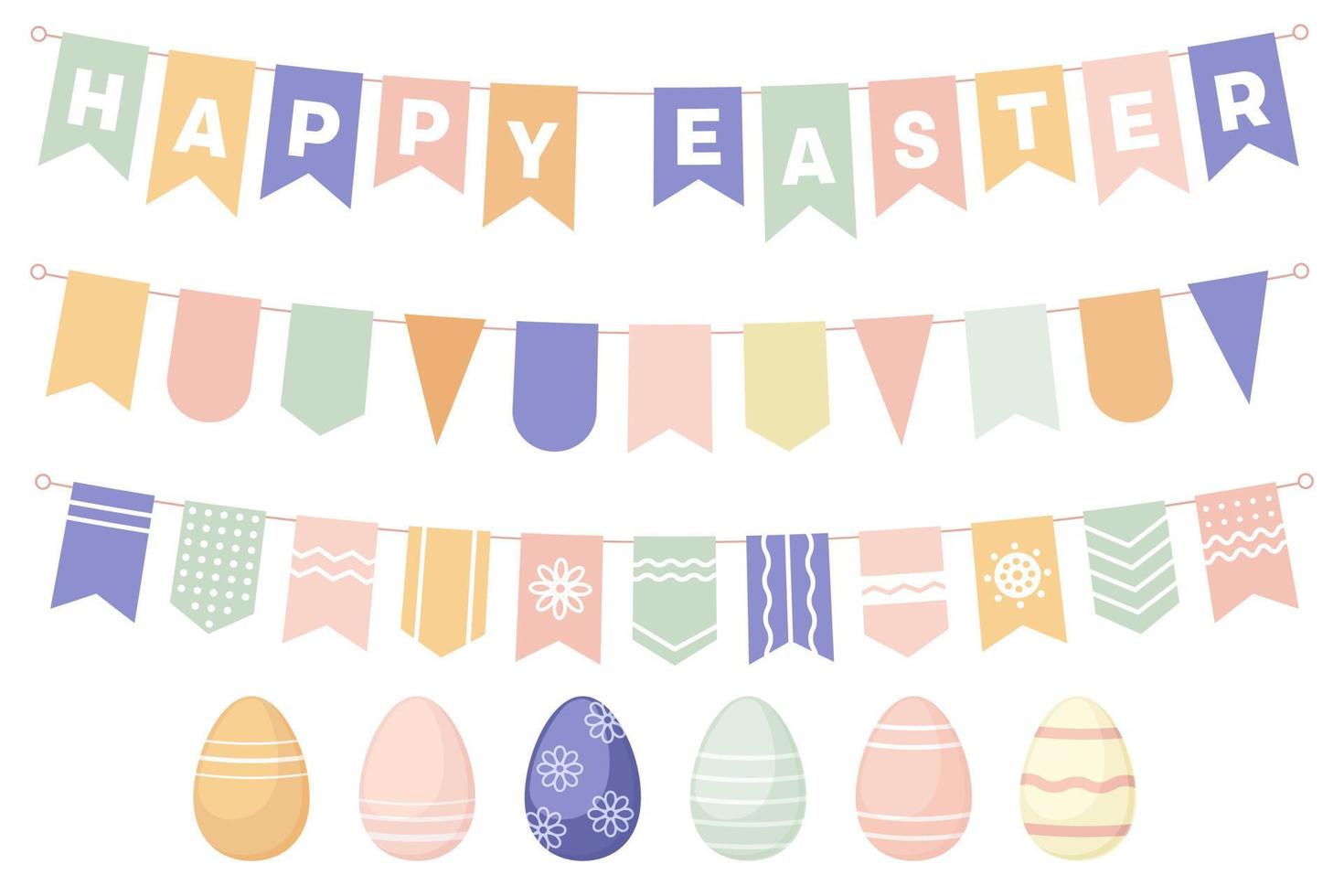 Happy easter bunting, white background. Bunting flags with inscription Happy easter. Easter elements for holiday decoration. Templates for scrapbooking. Pastel colors vector