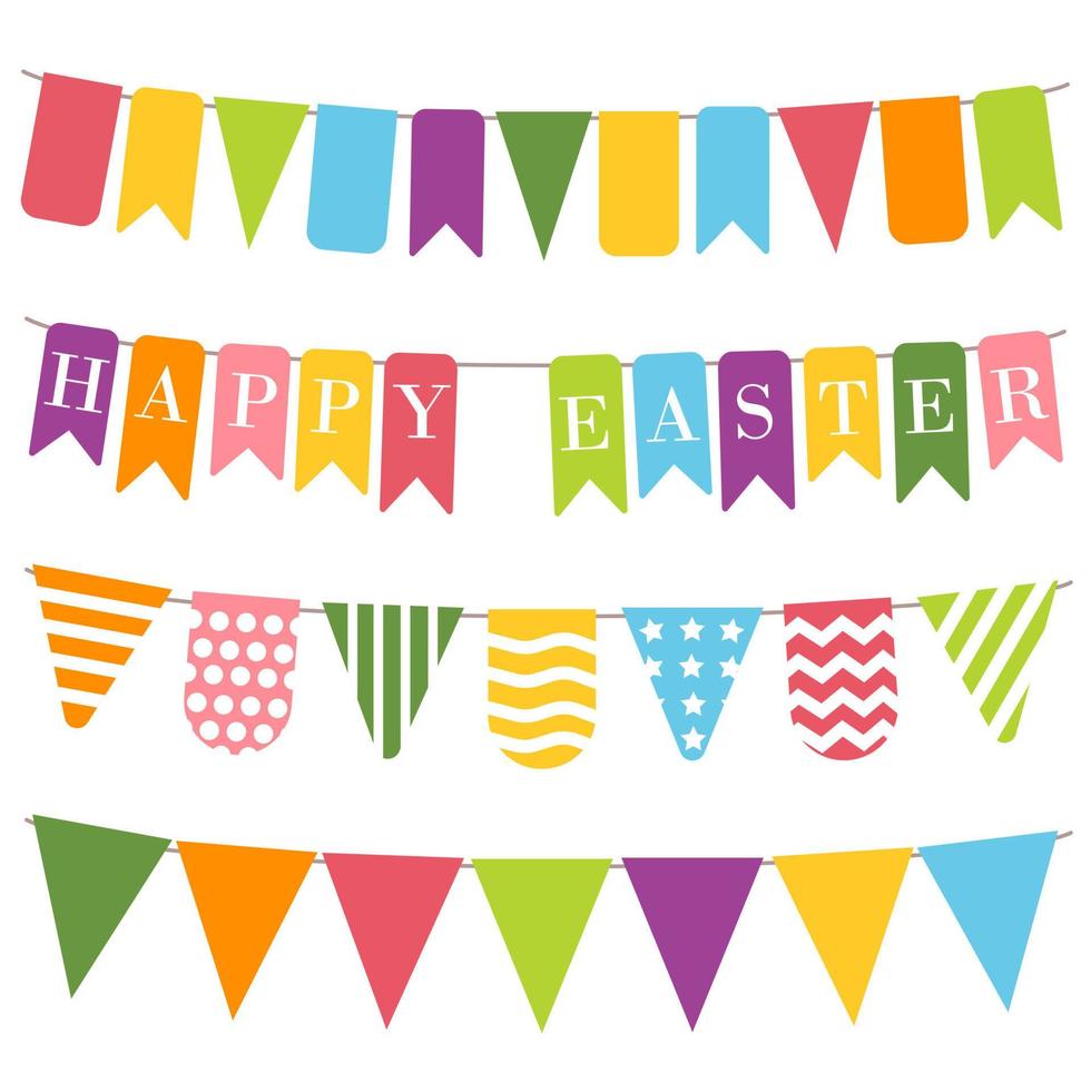 Happy easter bunting, white background. Bunting flags with inscription Happy easter. Easter elements, colorful bunting for holiday decoration. Templates for scrapbooking vector