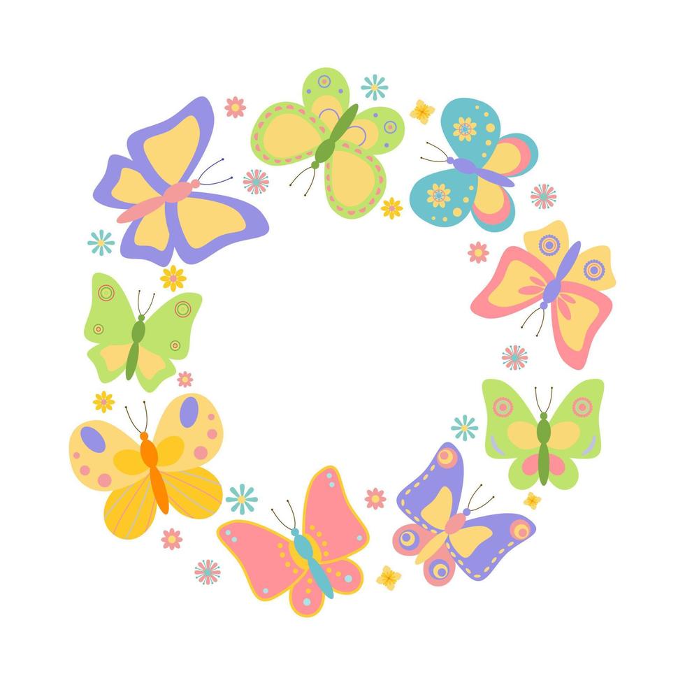 Set of colorful butterflies arranged in circle, isolated on white background. Round frame with butterflies and flowers for holiday printing, greeting card for Easter, Birthday vector