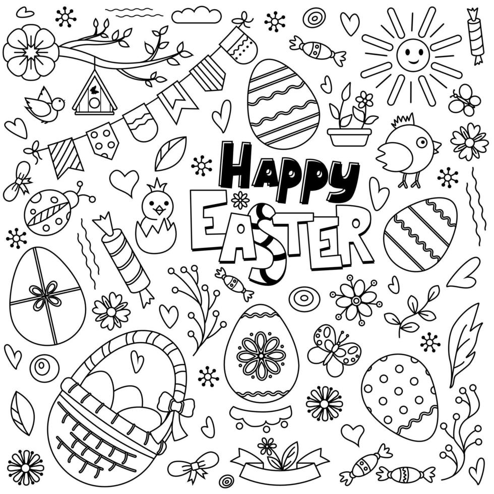 Big set of Easter symbols and objects, hand-drawn, doodles. Happy Easter, eggs decorated with patterns, basket with eggs, chickens, birds, spring flowers, treats vector