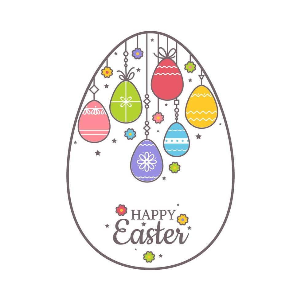 Easter Greeting card in shape of egg wishing Happy Easter. Colorful Easter eggs outline hanging on rope. Festive decoration, abstraction, lettering vector