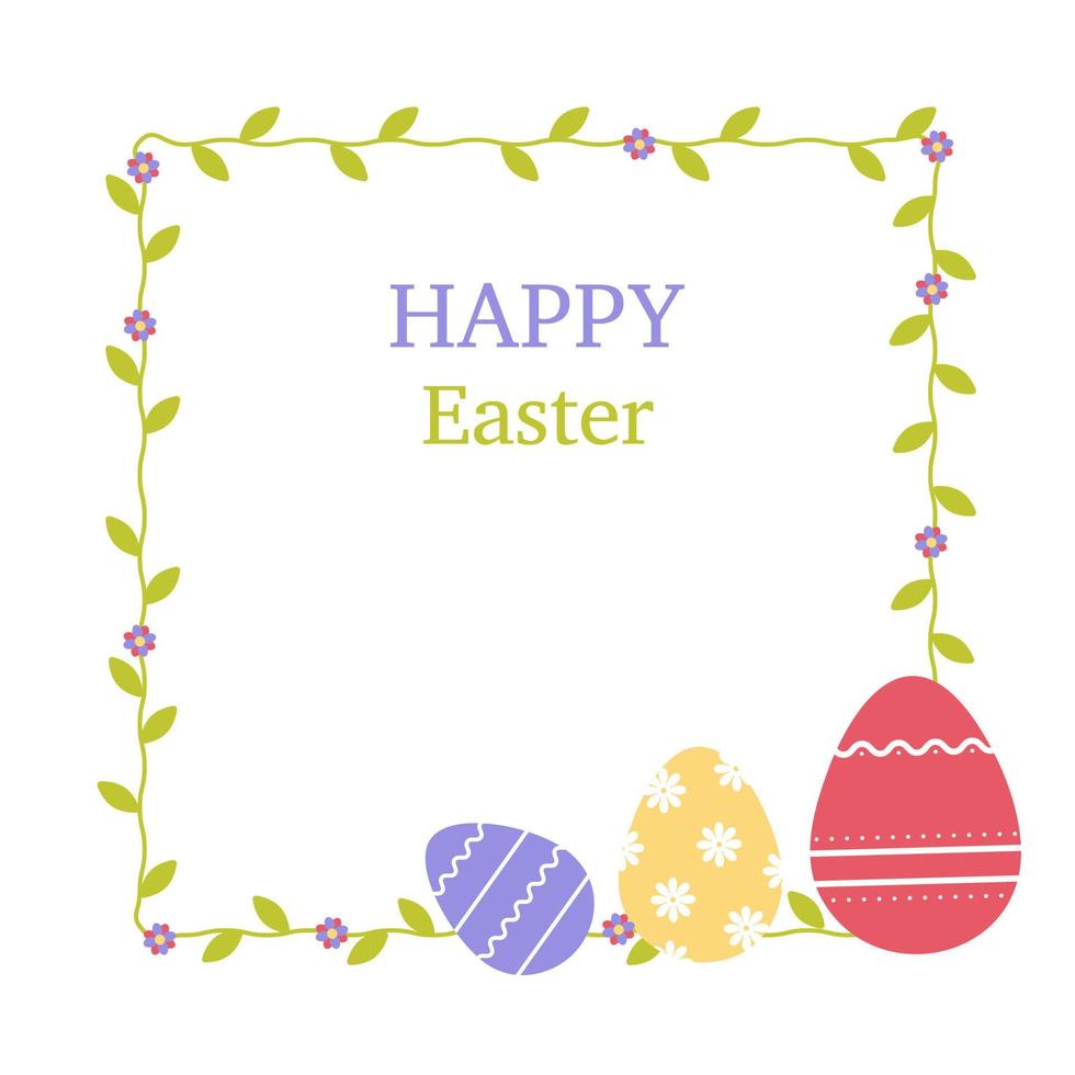 Decorative frame of curly green stems with leaves and flowers. Colorful Easter eggs with patterns, Happy Easter lettering, copy space. Template For design of flyers, greeting cards, banners vector