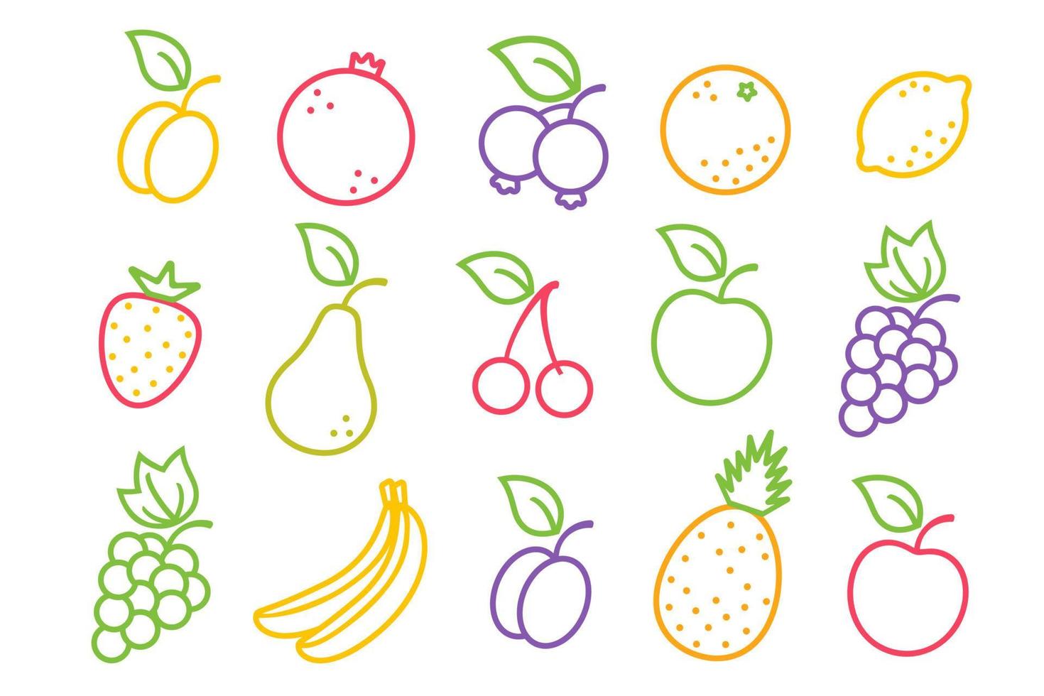 Vector set icons of fruits and berries in flat style.
