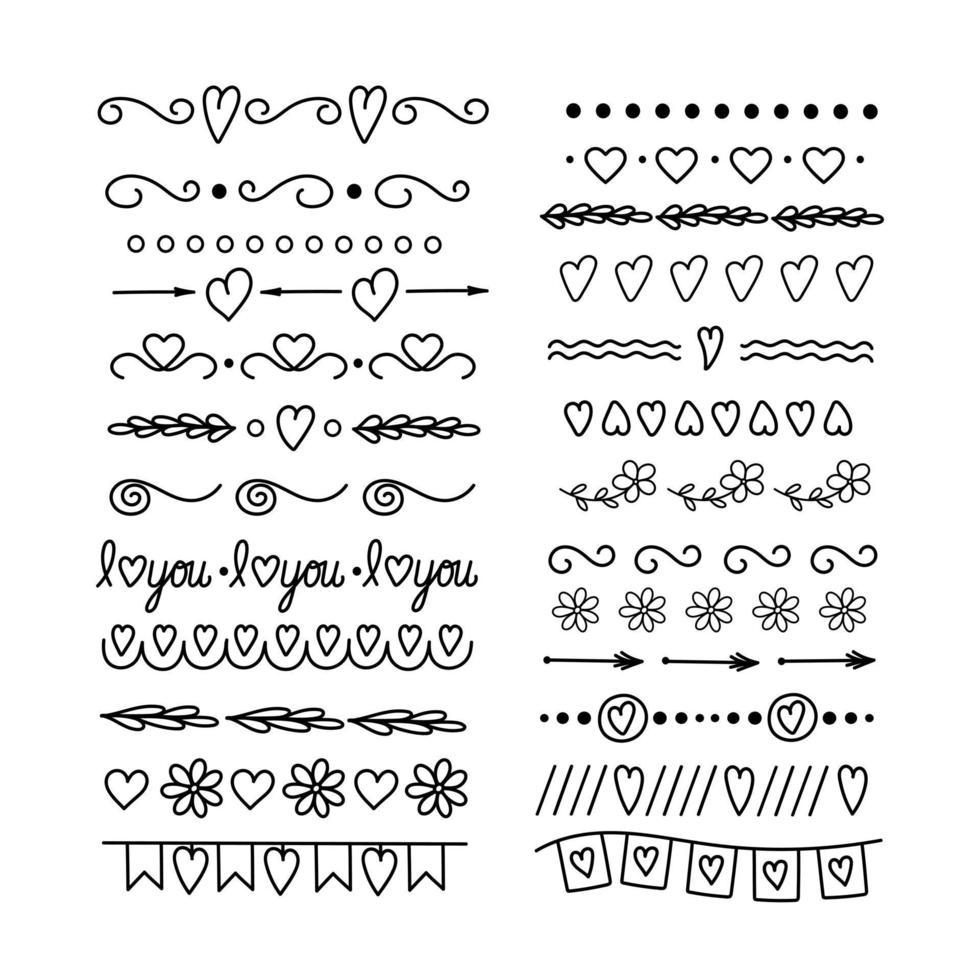 Hand drawn doodle style text dividers elegant set, vector illustration, decorative floral vintage borders, design elements for book, card, invitation