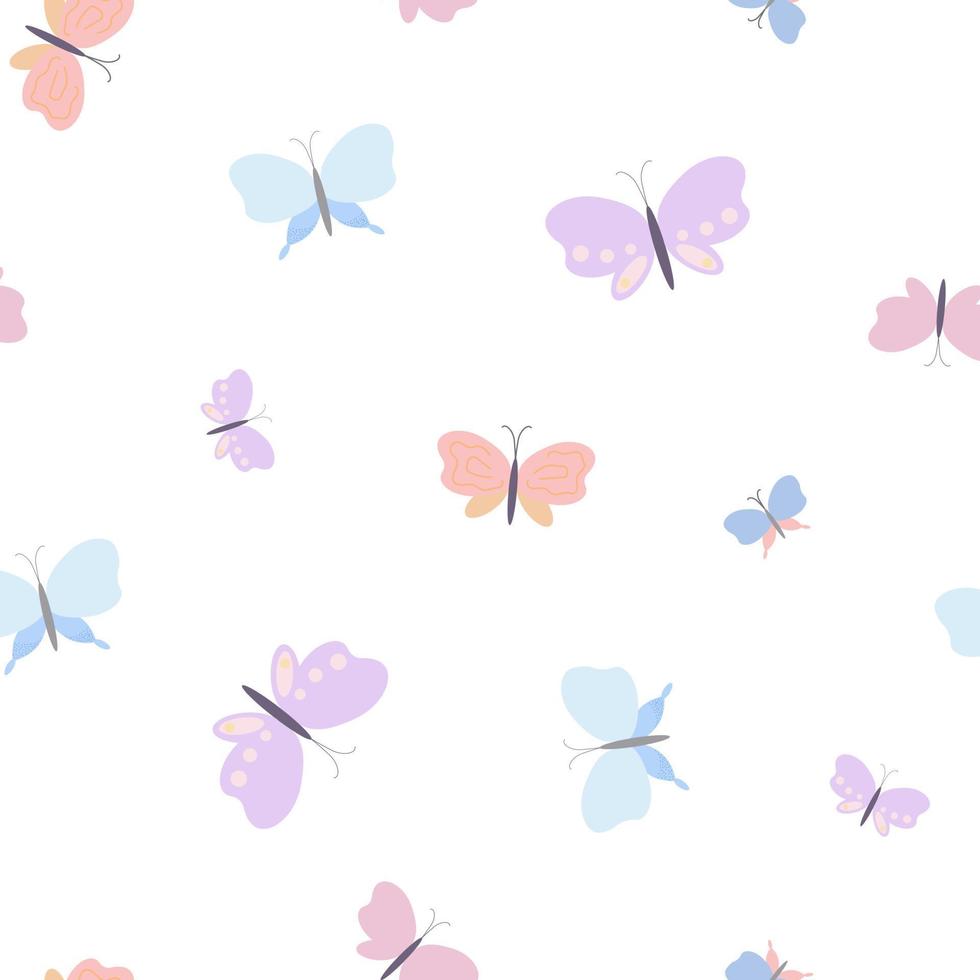Fancy pastel-colored butterflies seamless pattern, vector illustration simple flat style, symbol of spring, Easter holidays celebration decor, clipart for cards, banner, springtime decoration