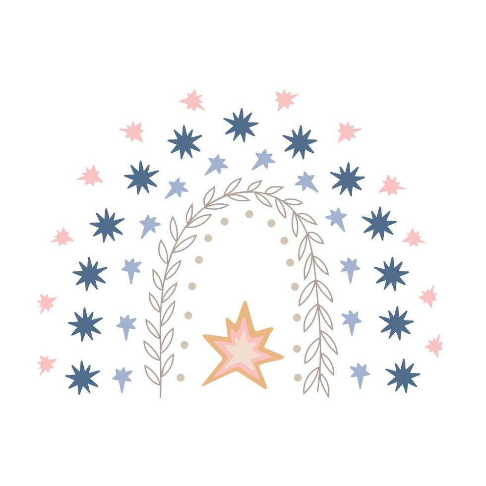 arco iris de estilo bohemio, estrellas, ramas de hojas ilustración de vector de dibujos animados plana simple, ilustración de tarjeta de felicitación para niños, decoración de guardería, afiche, textil