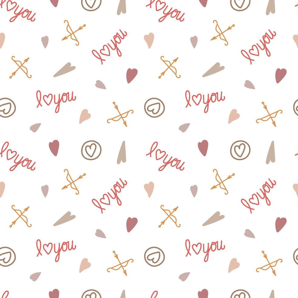 Boho style hearts, bow and arrow seamless pattern simple vector illustration in trendy pastel colors, repeat ornament symbol of love, St Valentine day collection for making cards, textile, gift paper