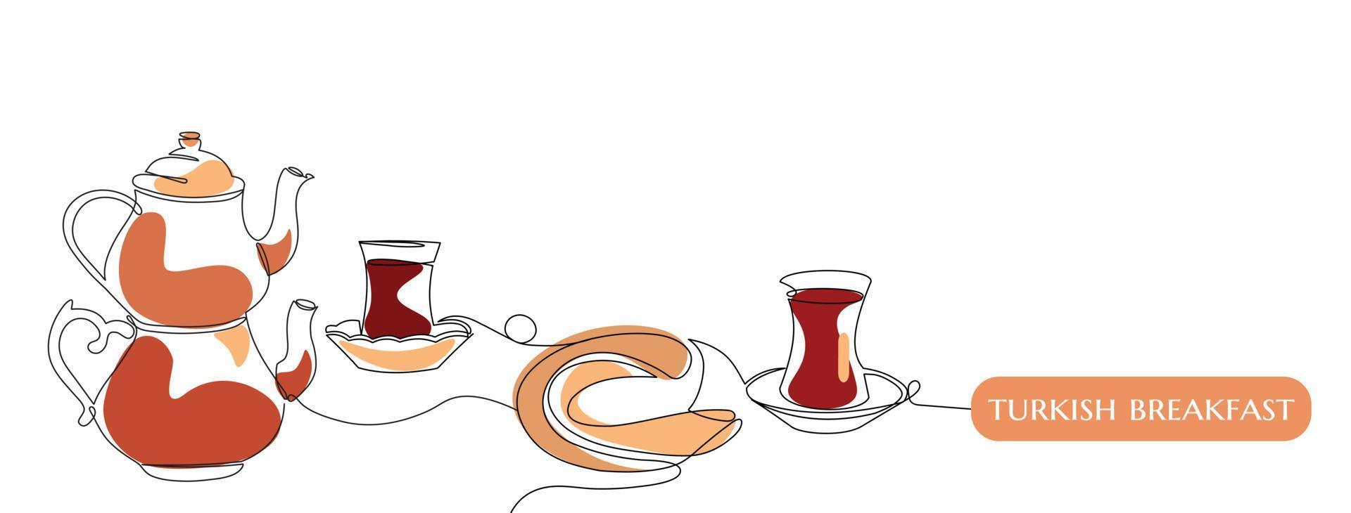 Traditional Turkish breakfast. Tea and Simit or Turkish bagel. Abstract vector one linear continuous art with text Turkish style. Isolated elements for banner, logo or social media.