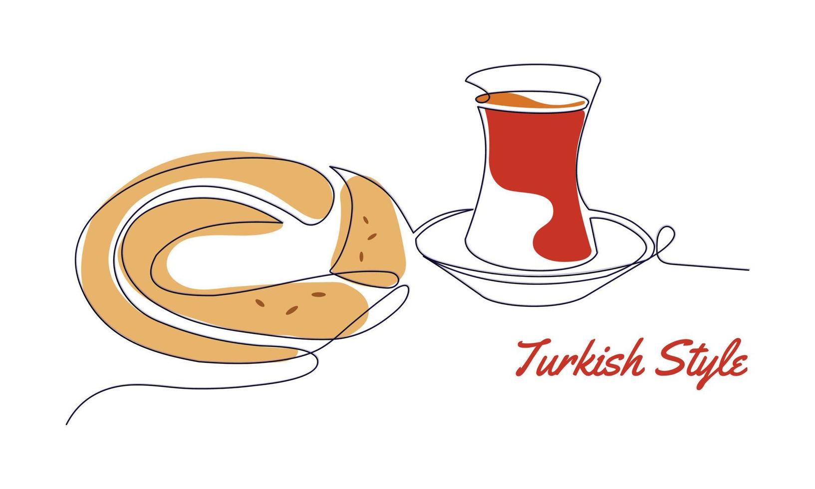 Traditional Turkish breakfast. Tea and Simit or Turkish bagel. Vector one linear continuous art with text Turkish style. Isolated elements for banner, logo or social media.