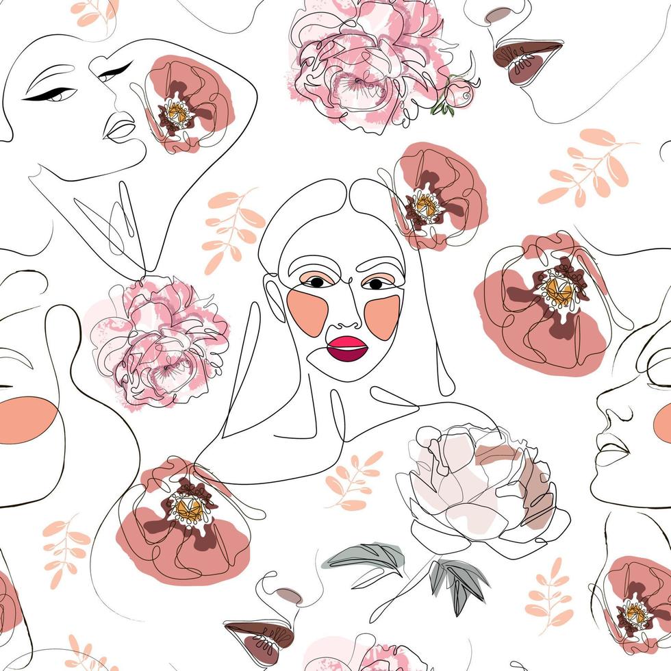 patrón sin costuras con caras de mujer retrato de arte de una línea con flores. expresión facial femenina. mujer lineal dibujada a mano con fondo de silueta de sombrero. ilustración bohemia vectorial vector