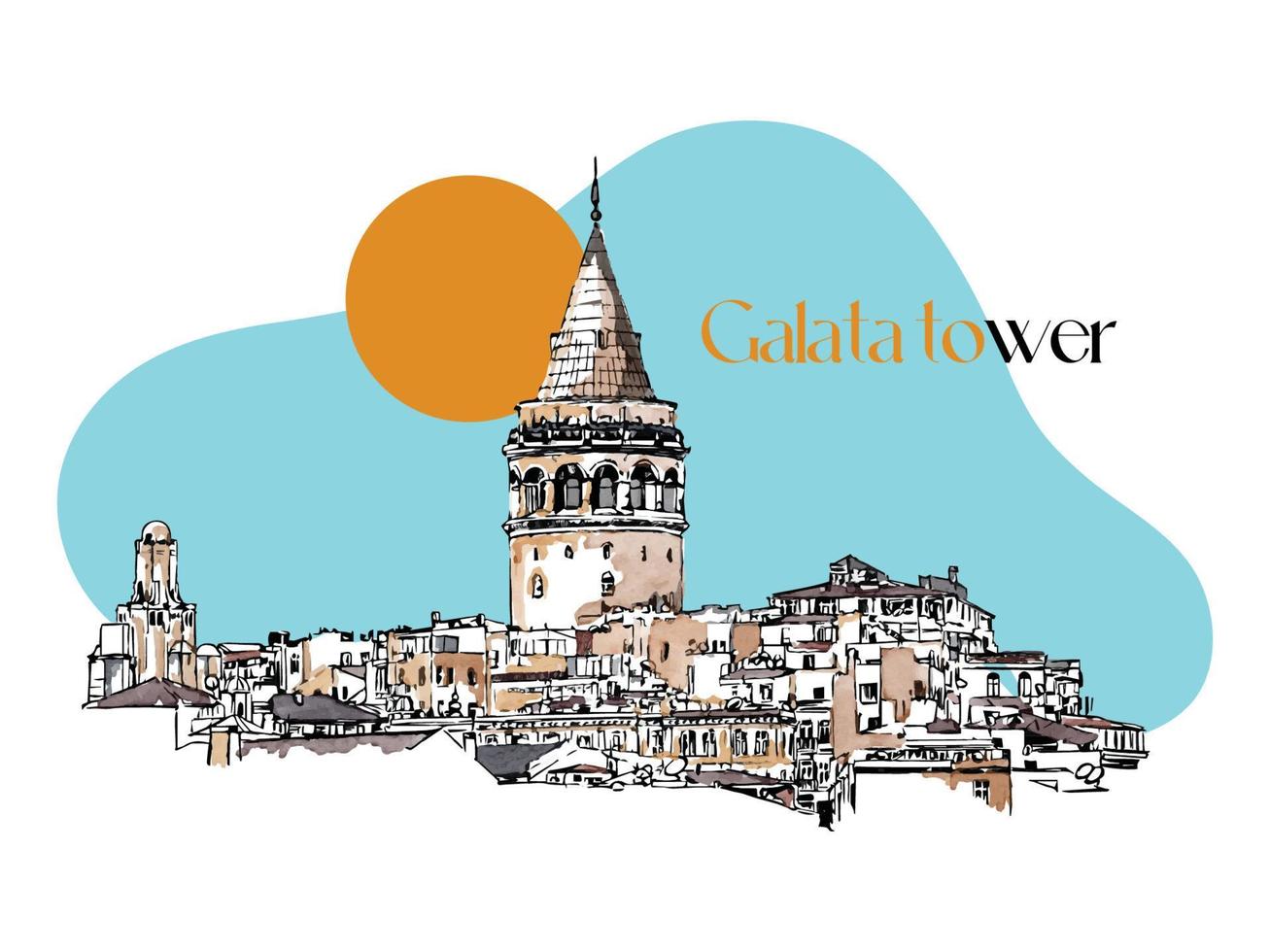 dibujo vectorial ilustración acuarela con la torre de galata en estambul, turquía. famoso monumento turco dibujado a mano, turismo turco. dibujo urbano dibujado a mano ilustración acuarela vectorial. vector