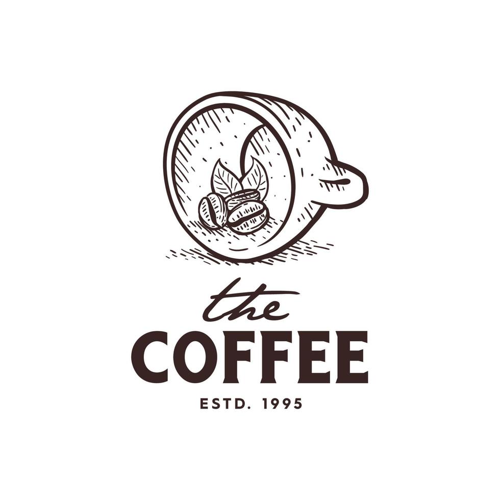 ilustración del diseño del logotipo de la taza y el grano de café, con un estilo de dibujo antiguo a mano vector