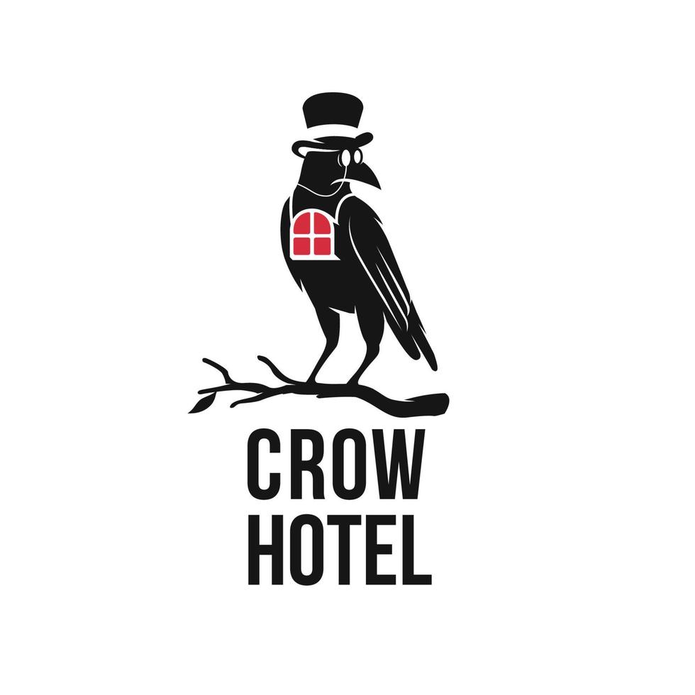 ilustración del diseño del logotipo del hotel de un cuervo, único y artístico vector