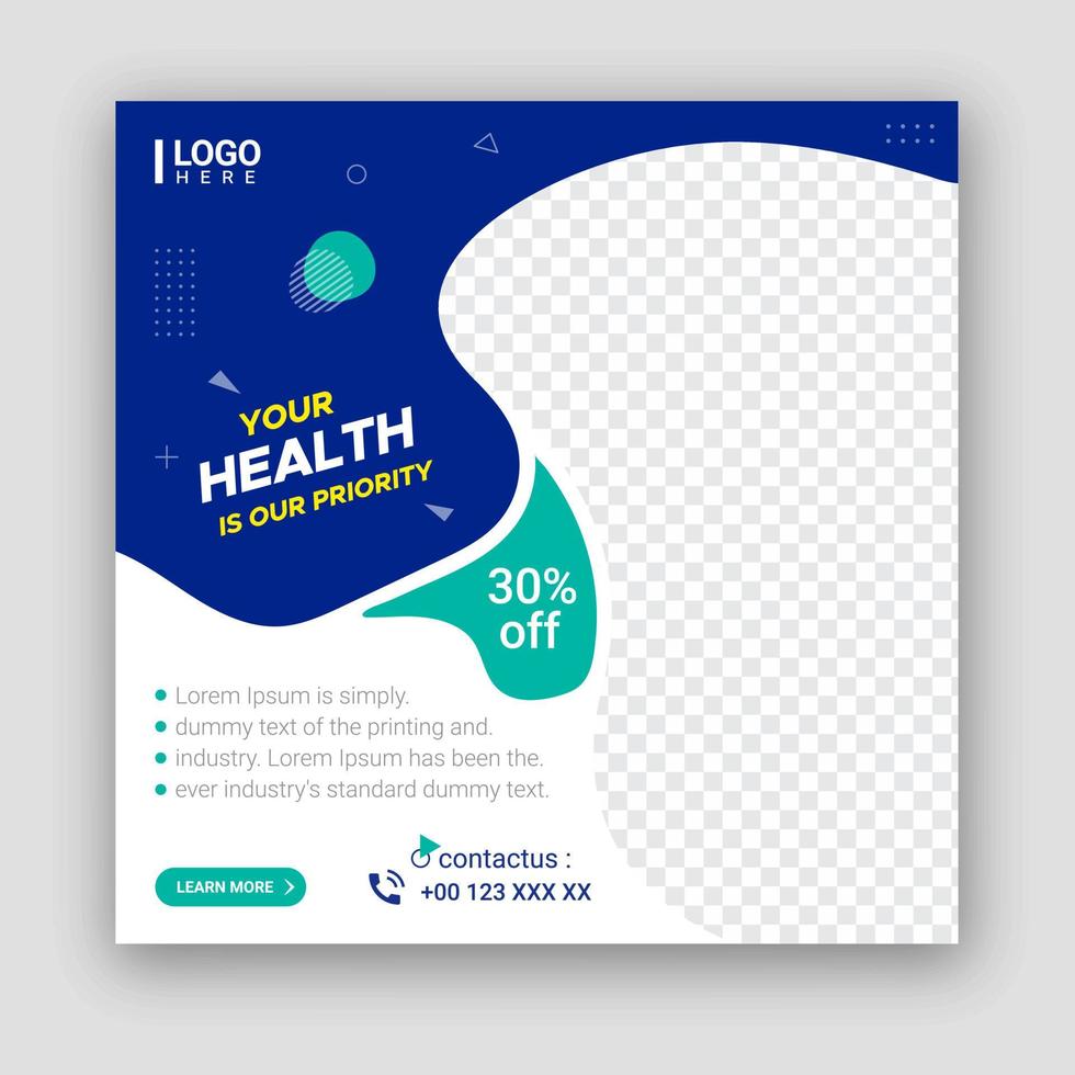 Medical social media post template. Healthcare web banner ads, green and blue color. Special offer, sale, discount, social media banner for clinic promotion. vector