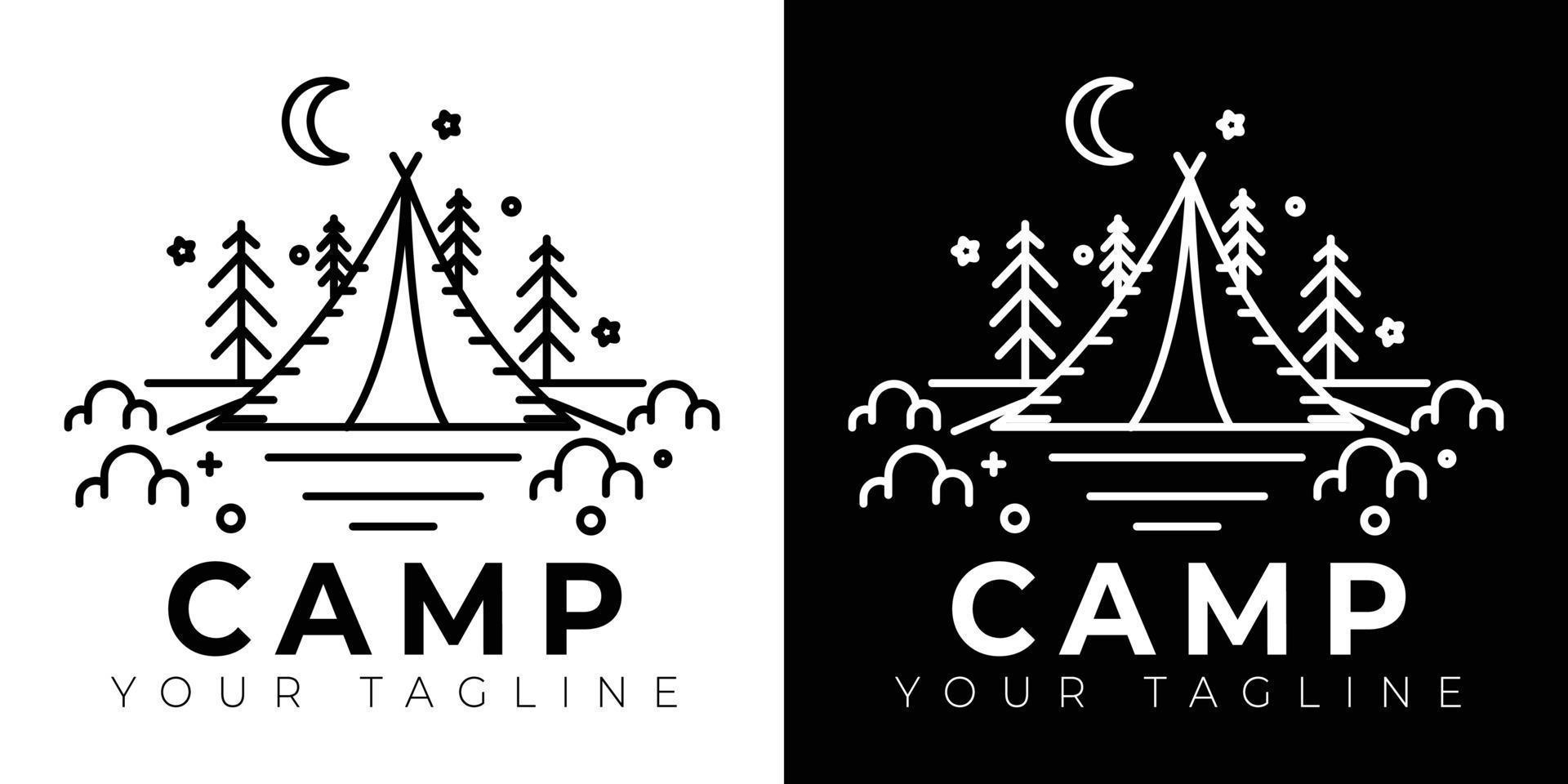 Simple black and white camping logo, camping logo design with symbol lines in the form of forest, tent, landscape, sky vector
