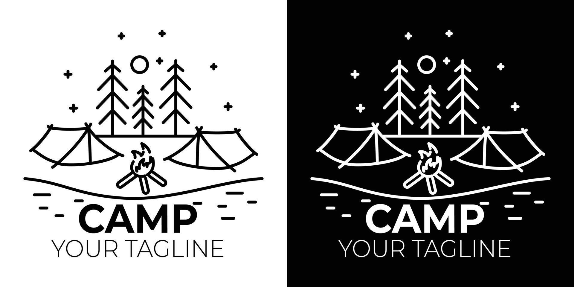 Simple black and white camping logo, camping logo design with symbol lines in the form of forest, tent, landscape, sky vector