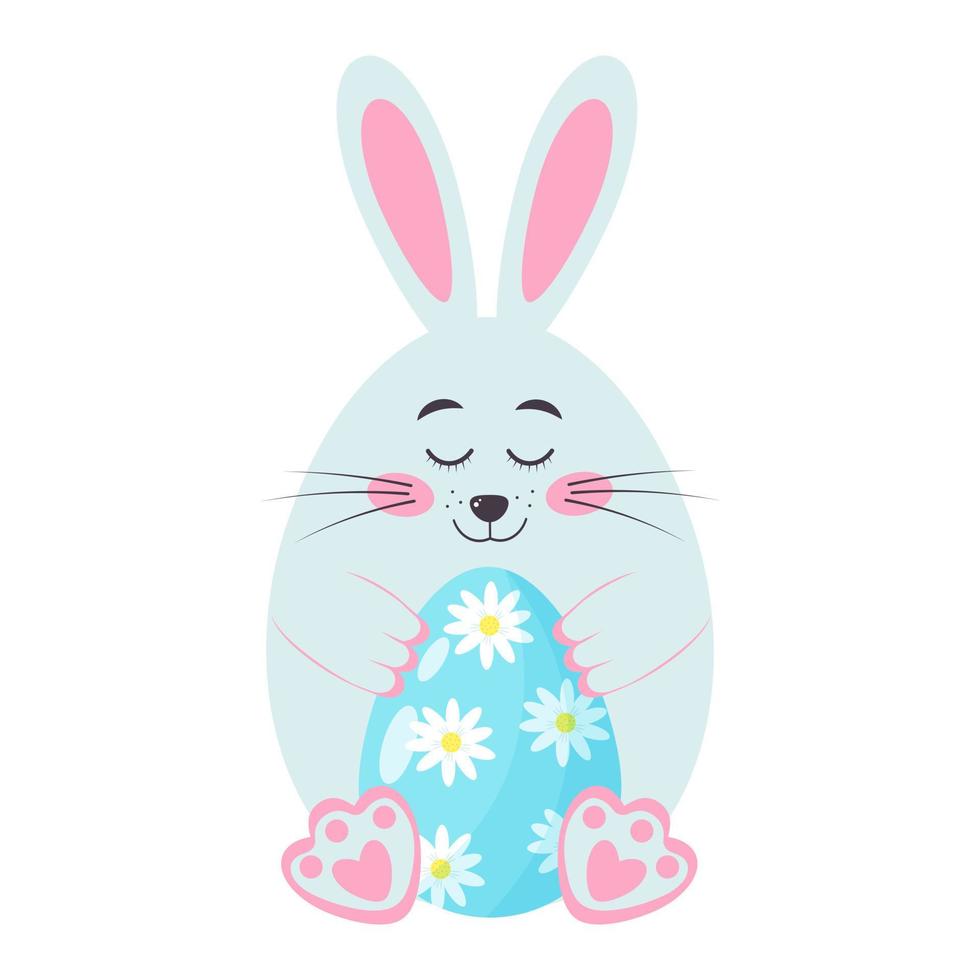 lindo conejito con chamomiles decorado con huevo de pascua. el conejo de Pascua en forma de huevo está sonriendo. vector