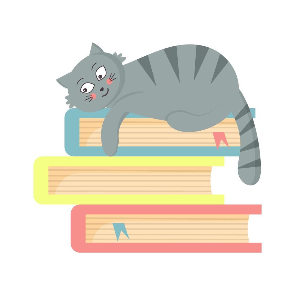 Cute fat cat lying down on the books. Reading and education concept. vector