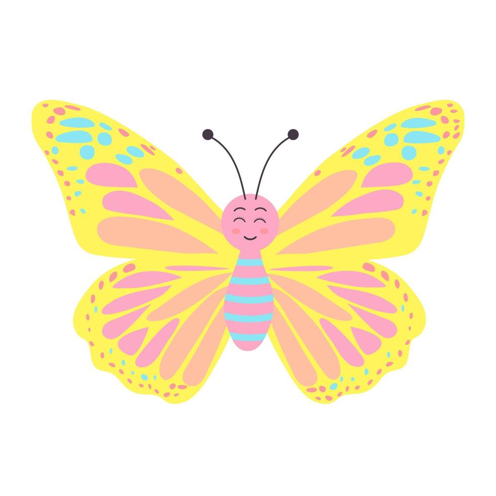 linda mariposa sonriente colorida. insecto volador personaje animado. vector