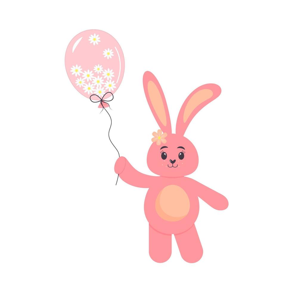 Cute pink bunny holding a balloon full of chamomiles. Children's character. Easter rabbit. vector