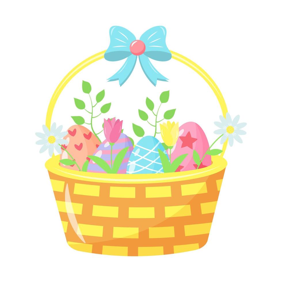 Basket with painted Easter eggs, tulips, chamomiles and twigs. Beautiful bow on the top. vector