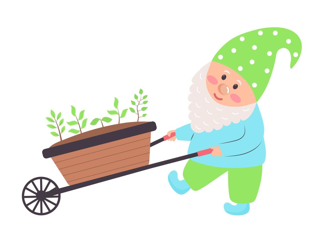 gnomo de jardín con un carro de plántulas. lindo personaje de dibujos animados. concepto de primavera y jardinería. vector