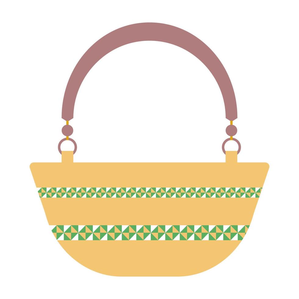 Beach bag with stripes and trapezoidal shape.Turquoise bag.Flat illustration.Bag isolated on a white background.High wooden handles.Vector illustration vector