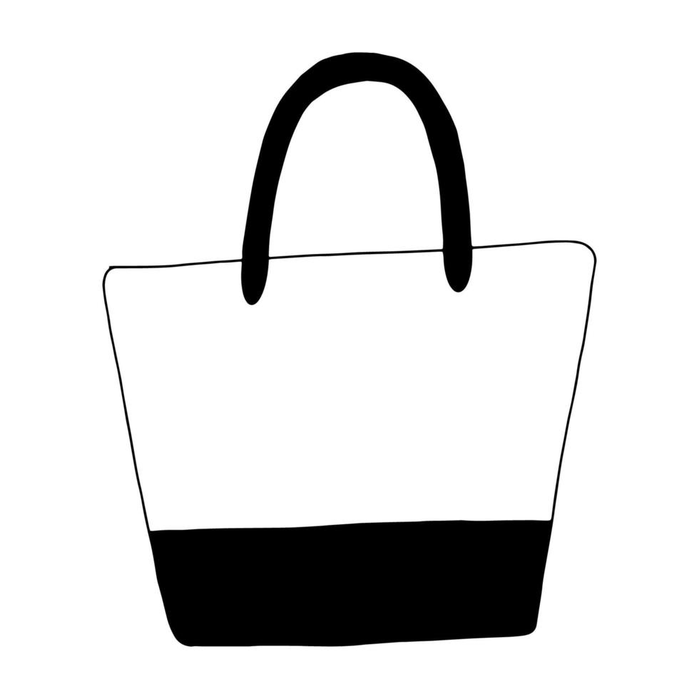 Trapezoidal beach bag with a stripe on the bottom.Black and white image.Doodle illustration.Bag isolated on a white background.High dark handles .Vector vector