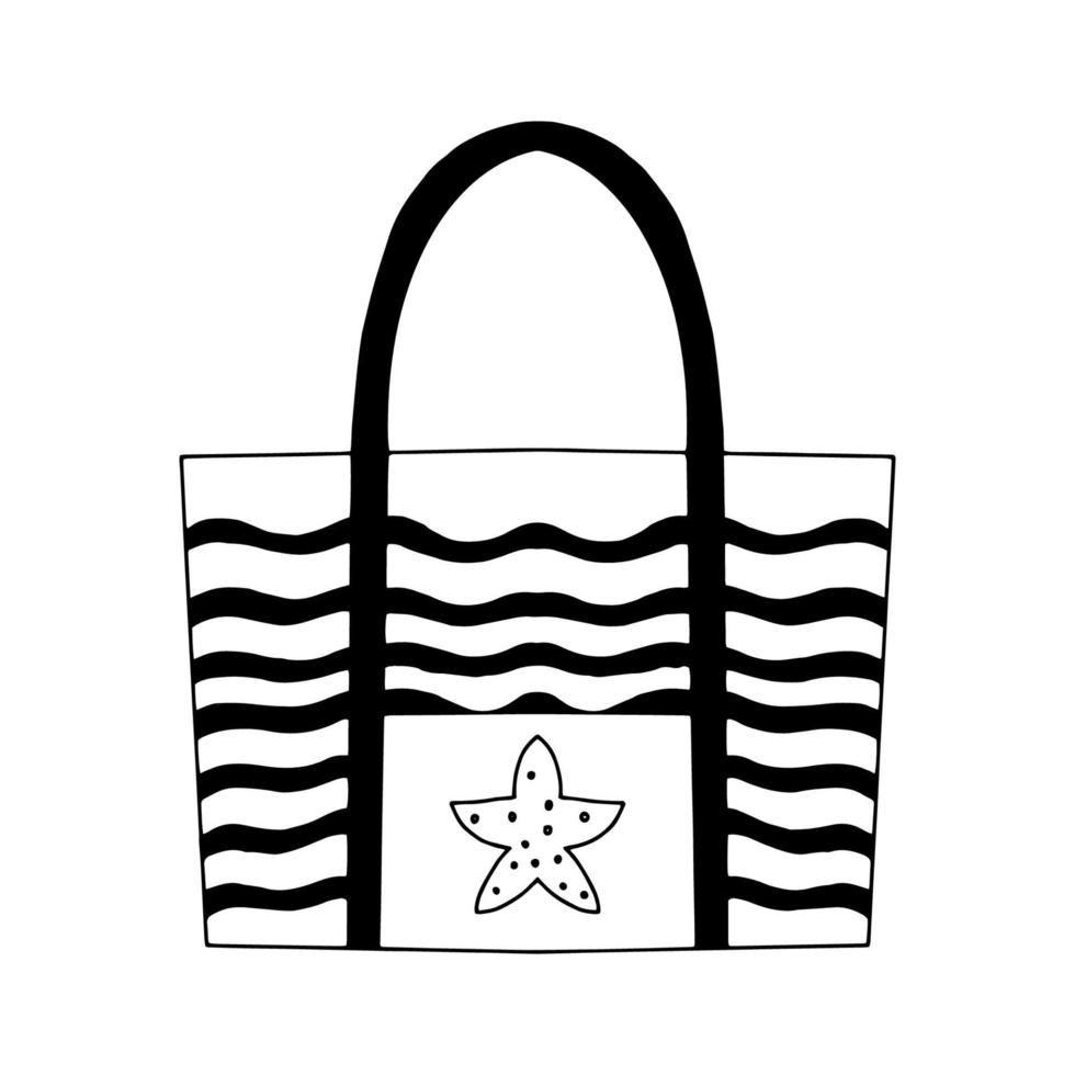 Rectangular beach bag with stripes.Lightweight bag with a pocket and a starfish pattern.Doodle illustration.Bag isolated on a white background.High handles.Vector vector