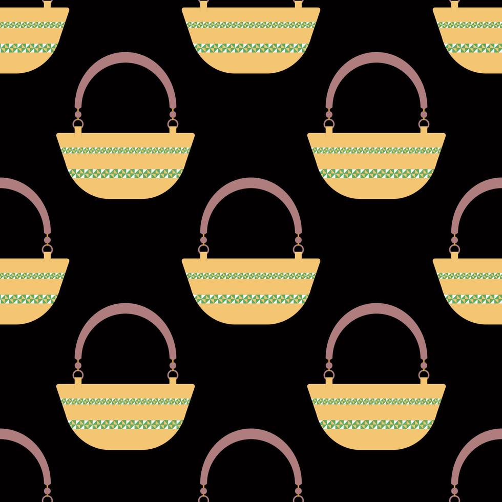 Seamless pattern with yellow oval beach bag with green geometric on black background.Bright summer pattern for textiles.For beachwear.Vector illustration vector