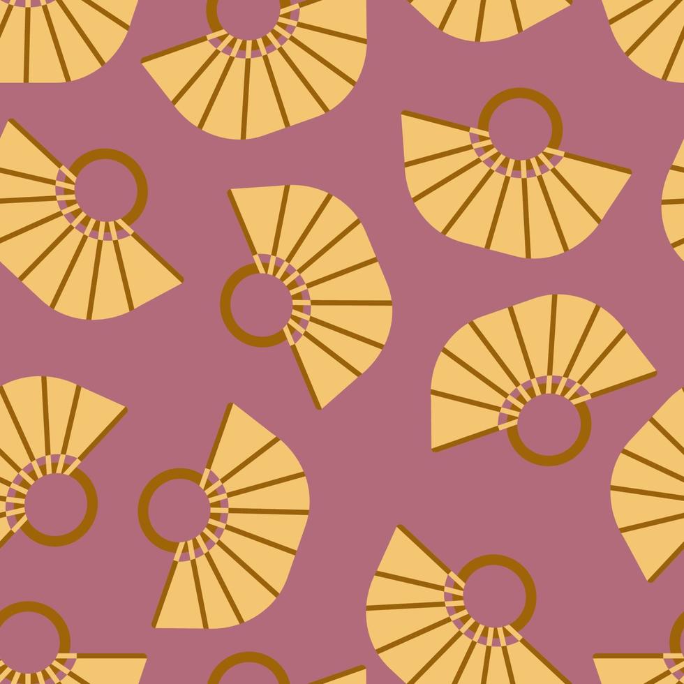 Seamless pattern with a yellow oval beach bag with a geometric pattern and handles with rings.Bright summer pattern for textiles on a pink background.For beachwear.Vector illustration vector