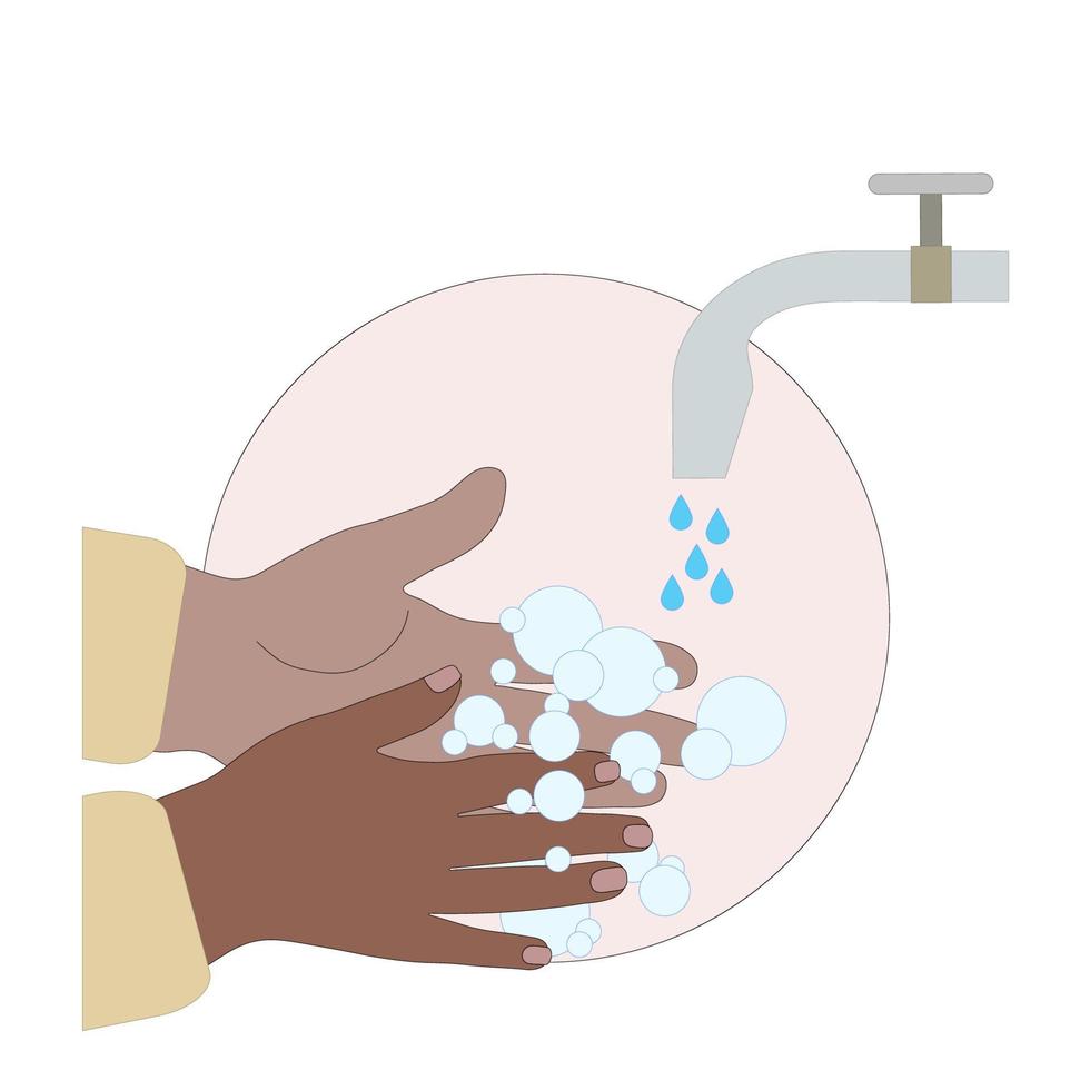 Hands with dark skin color with soap suds.Hand washing.Hand hygiene.Protection against coronavirus during a pandemic.Soap palms.Vector illustration vector