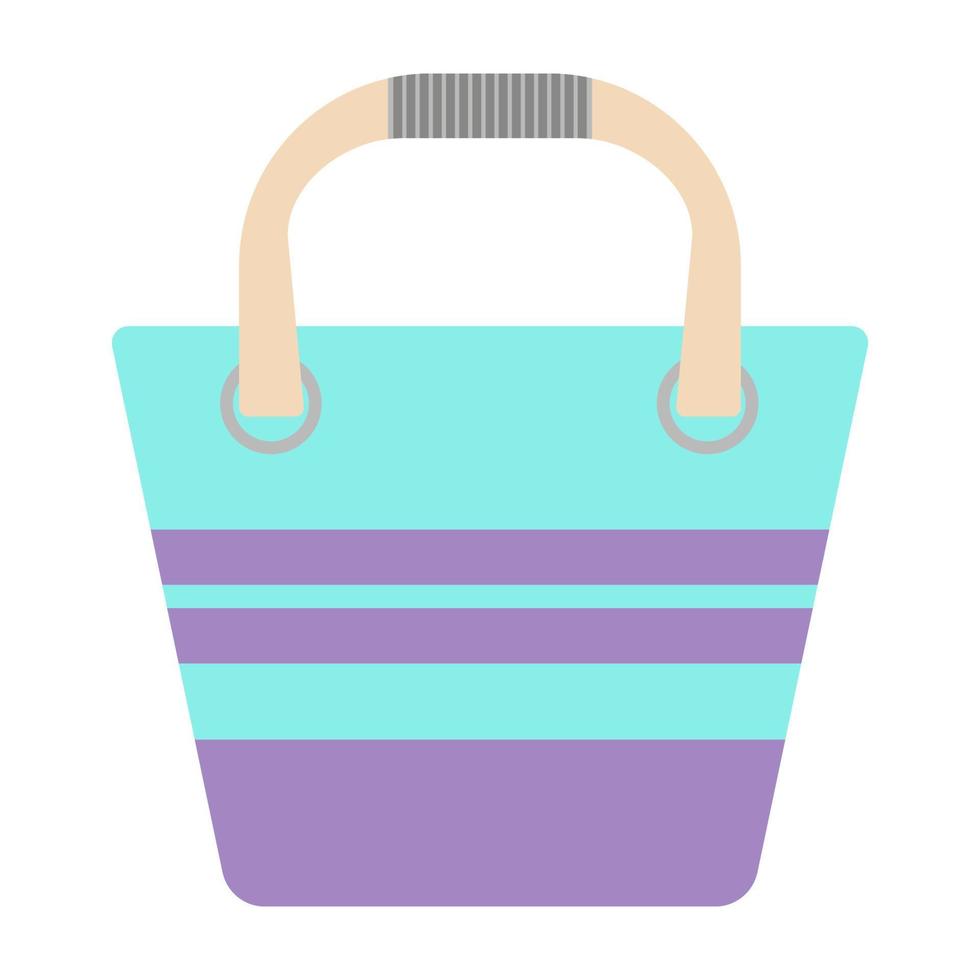 Beach bag with stripes and trapezoidal shape.Turquoise bag.Flat illustration.Bag isolated on a white background.High wooden handles.Vector illustration vector