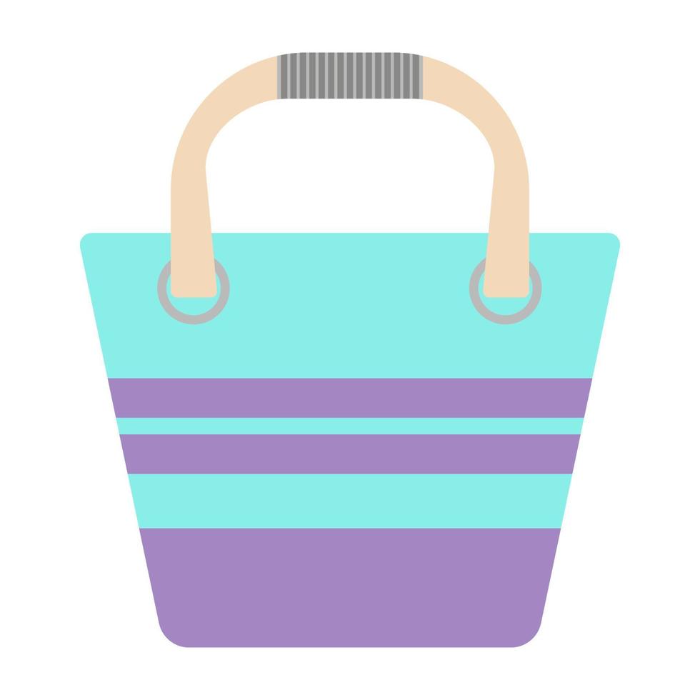 Beach bag with stripes and trapezoidal shape.Turquoise bag.Flat illustration.Bag isolated on a white background.High wooden handles.Vector illustration vector