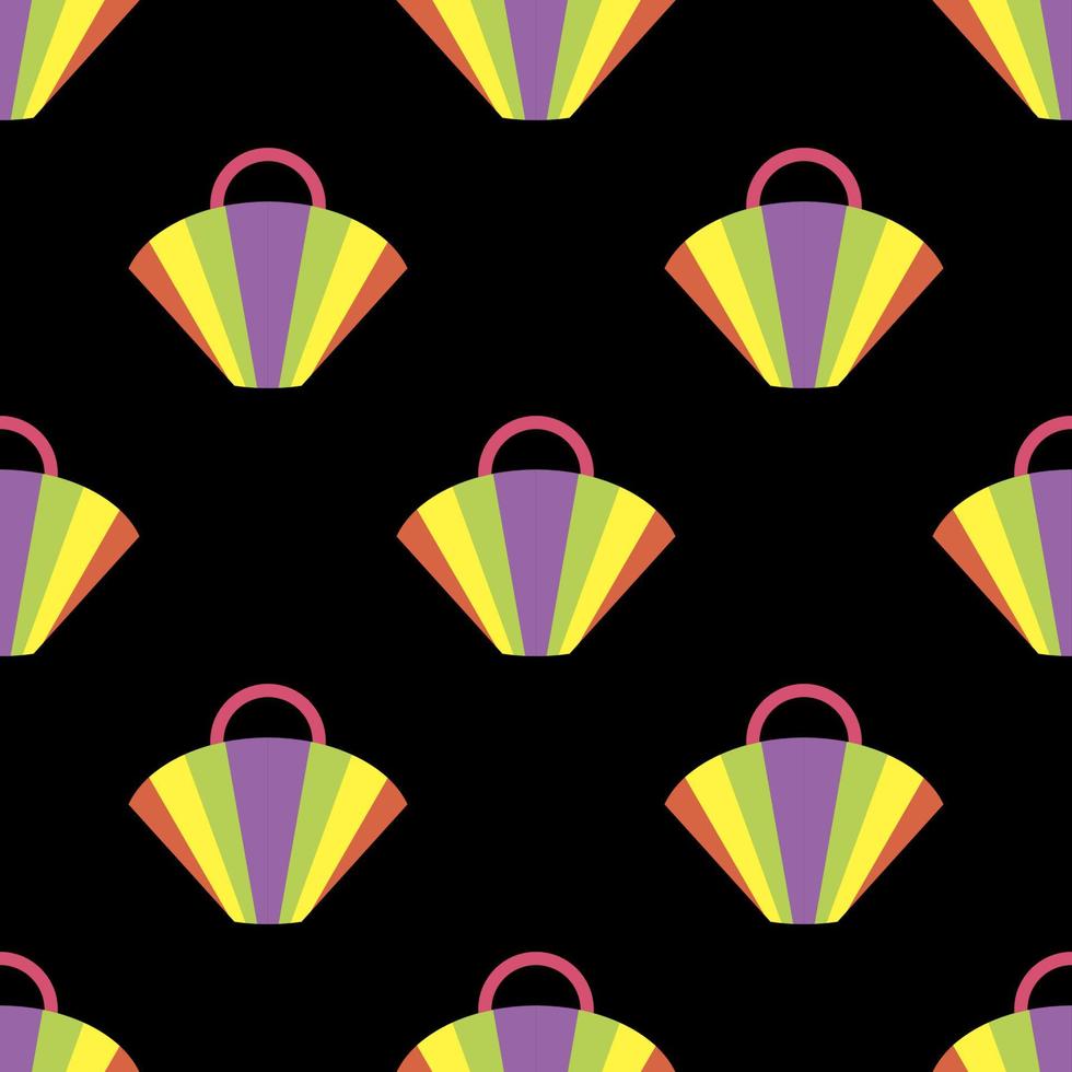 Seamless pattern with a multicolored beach bag on a black background.Bag in the form of a fan.Summer bright design for textiles.Vector illustration vector