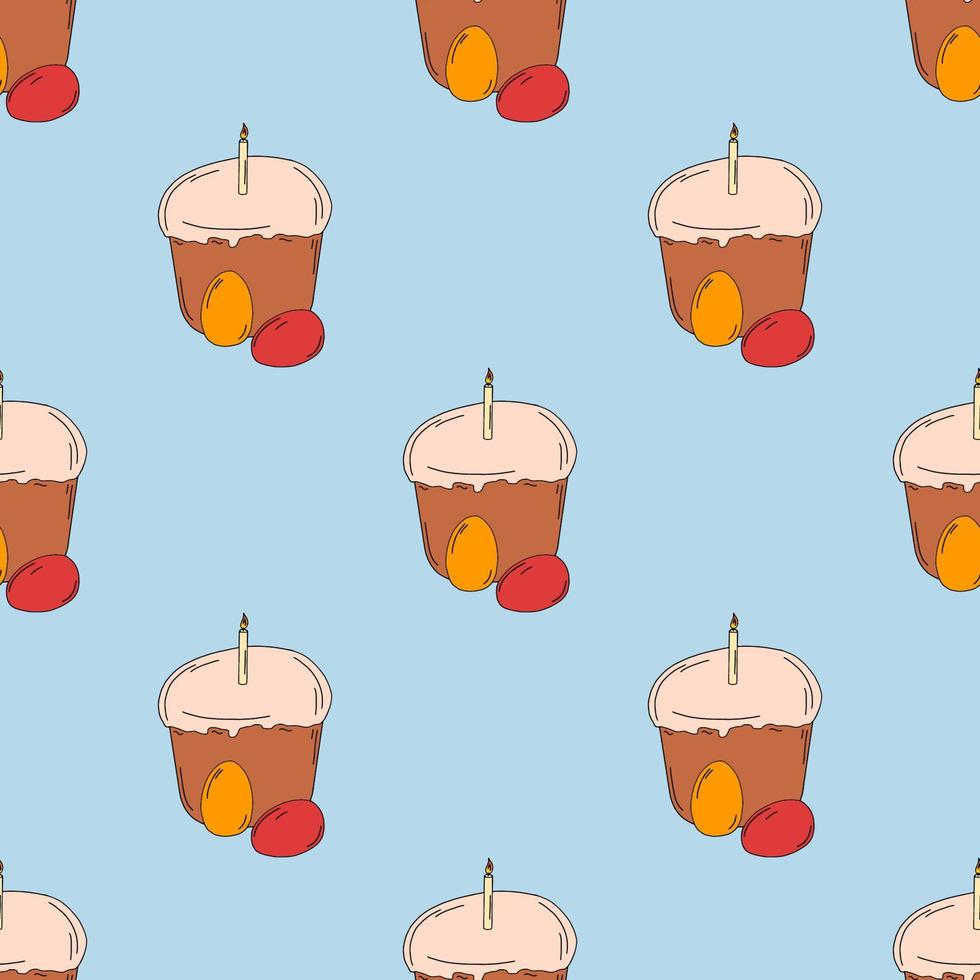 Spring Easter cake with eggs and a candle.Drawing with your hand using a line. On a blue background. For the spring holiday, Easter, a treat for the holiday. Printing on textiles and paper. vector