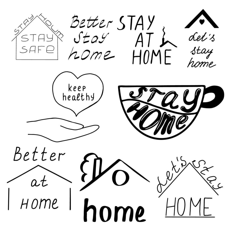 A set of lettering.A mug that says stay home.Inscription with a roof.Black and white image.The inscription is handwritten.Motivational posters.The virus and the pandemic.Coronavirus 2019. vector