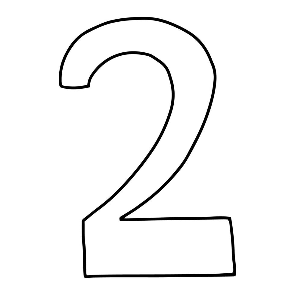 The number 2 drawn in the Doodle style.Outline drawing by hand.Black and white image.Monochrome.Mathematics and arithmetic.Vector illustration vector