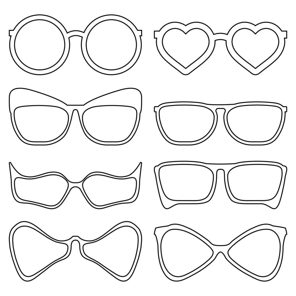A set of stylish glasses drawn with a contour.Eyeglass frames for summer, party, beach.Decoration for the face.Vector illustration vector