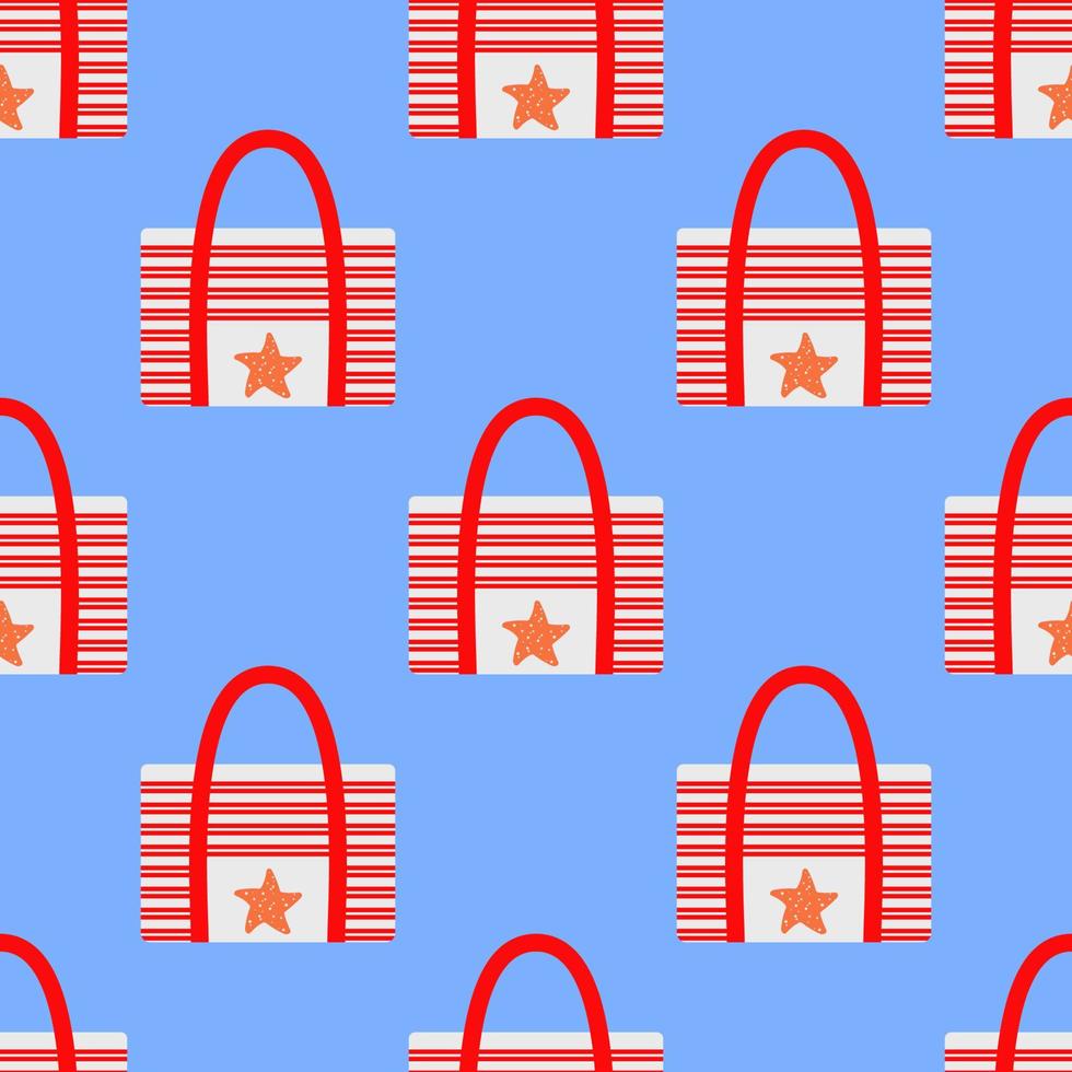 Seamless pattern with a geometric beach bag with red stripes and a starfish.Bright summer pattern for textiles on a blue background.For beachwear.Vector illustration vector