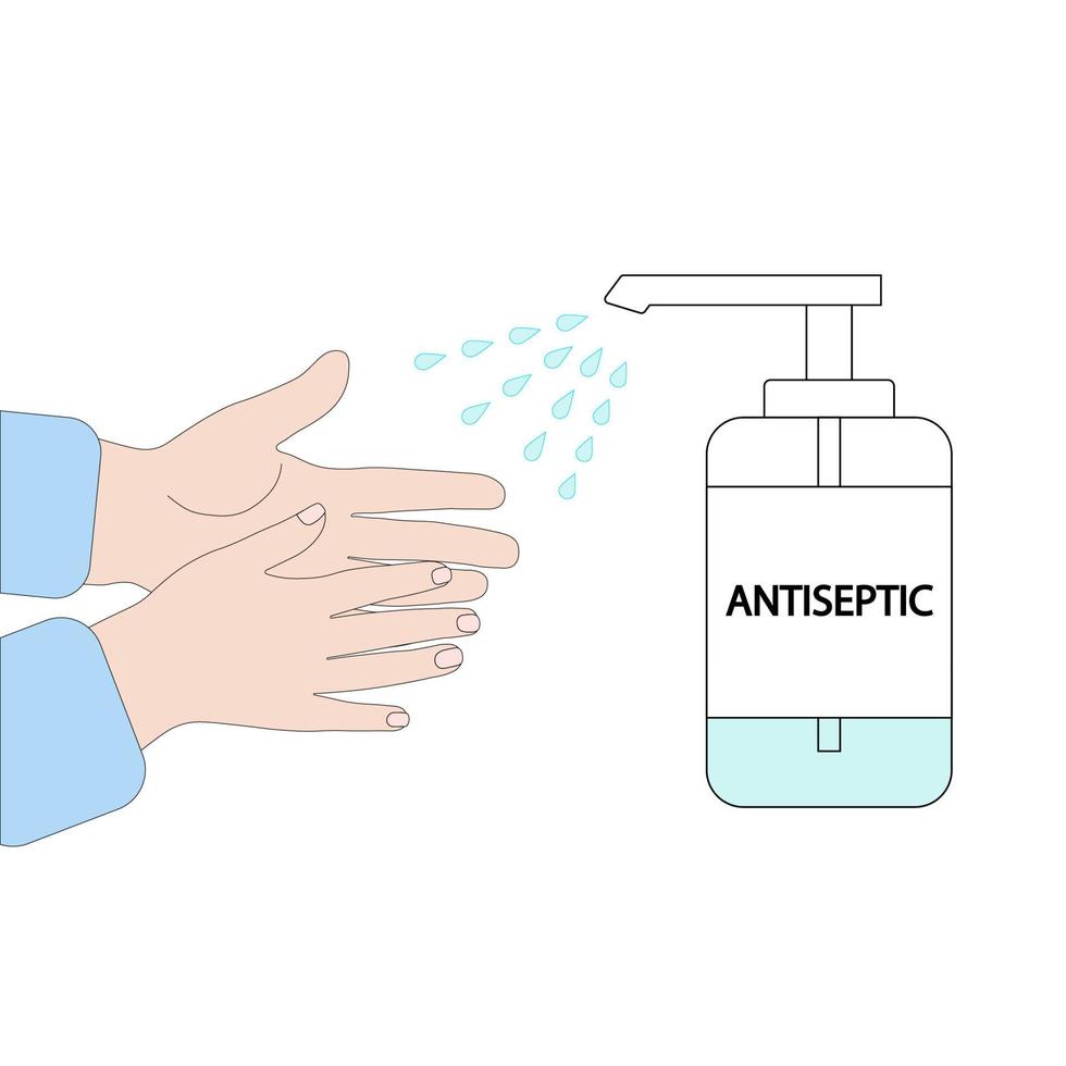 Hand hygiene with antiseptic.Protection from bacteria and coronavirus.Preventing infection. A bottle of antiseptic and two palms.Flat illustration.Vector map vector