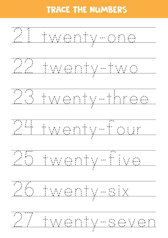 Tracing numbers in words. Worksheet for children. vector