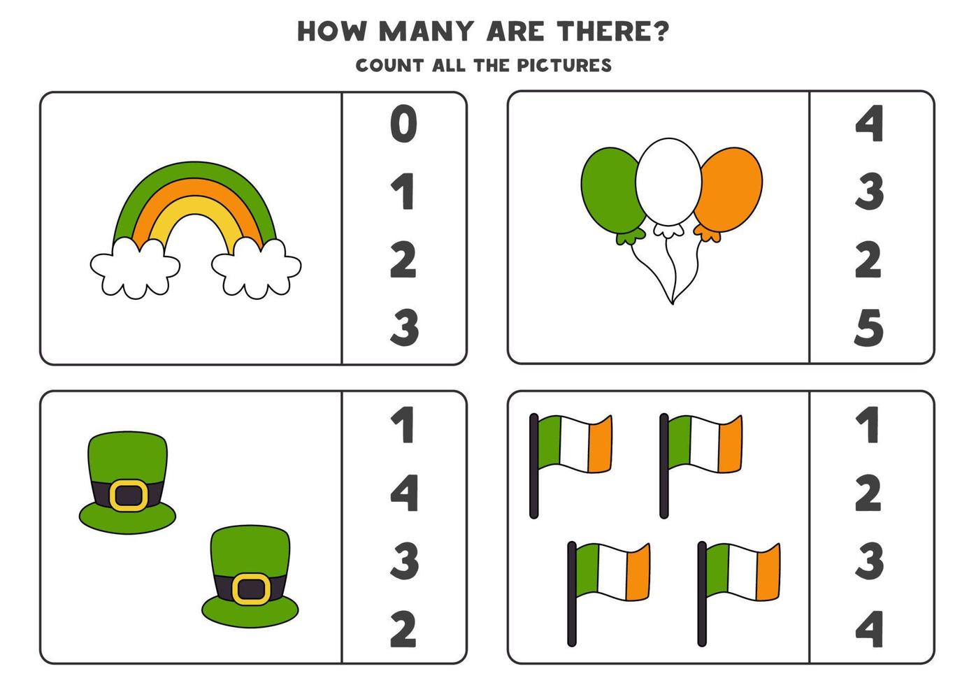 Counting game with Saint Patrick day elements. Educational worksheet. vector