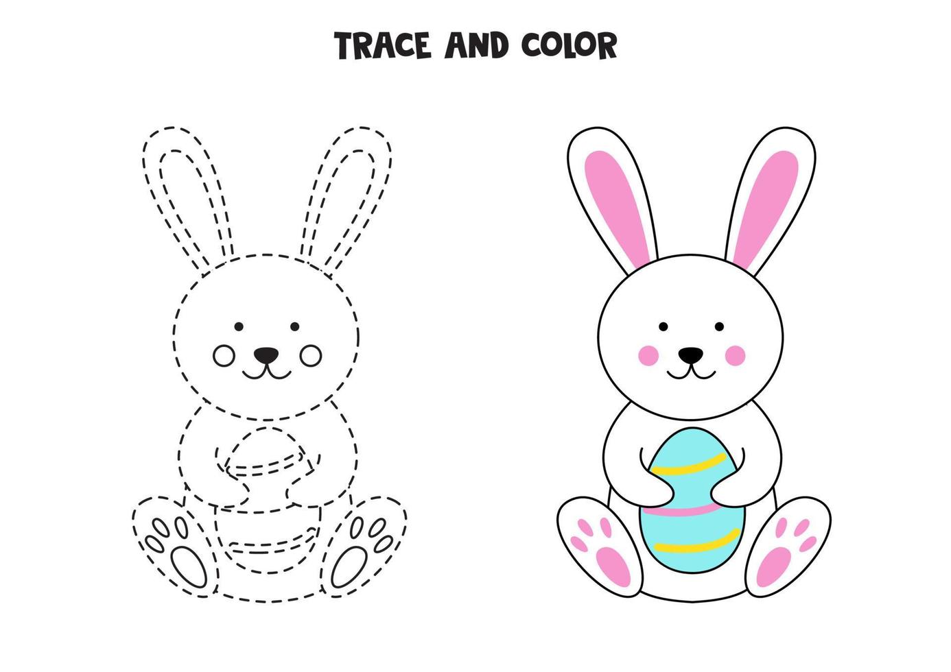 Trace and color cute Easter bunny holding an egg. Worksheet for children. vector