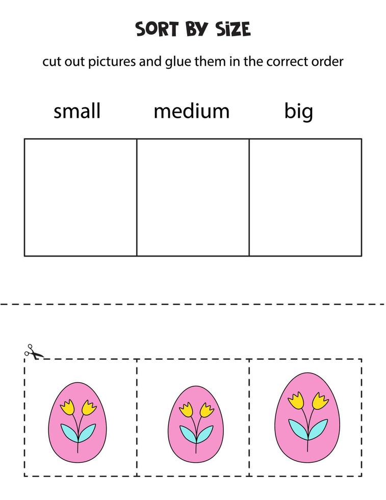 Sort Easter eggs by size. Educational worksheet for kids. vector