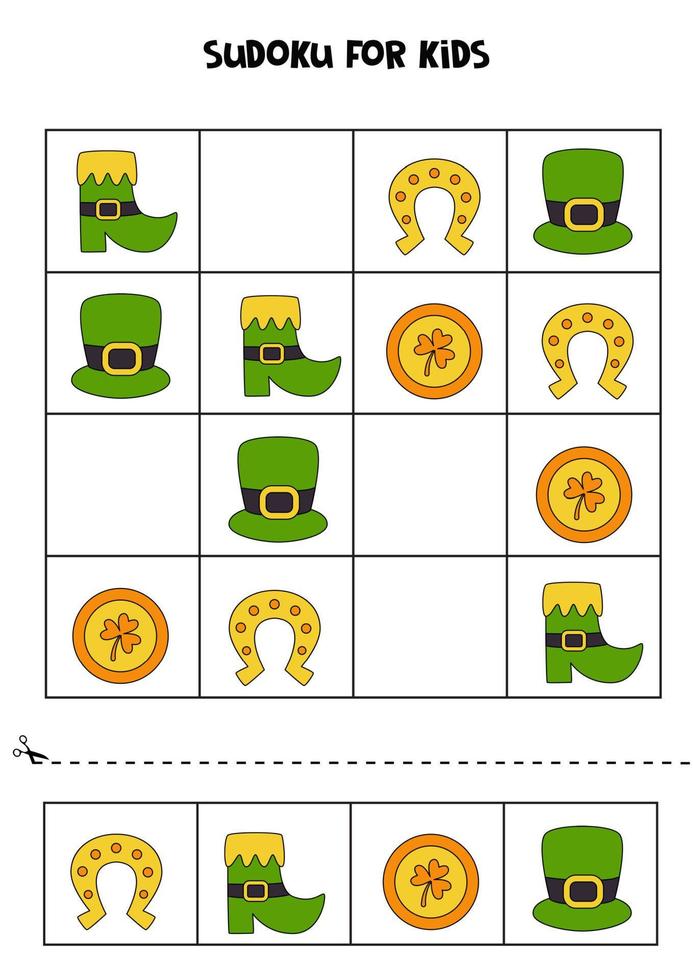 Sudoku game with cartoon Saint Patrick day symbols. vector