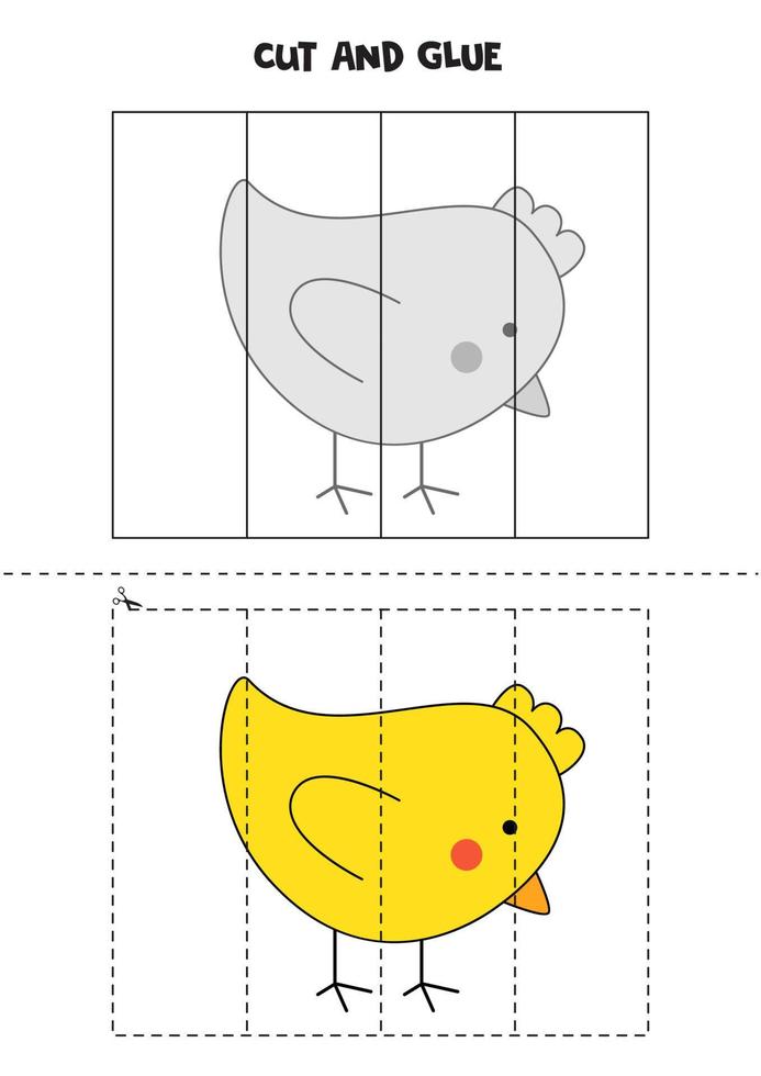 Juego de cortar y pegar para niños. lindo pollo amarillo de pascua. vector